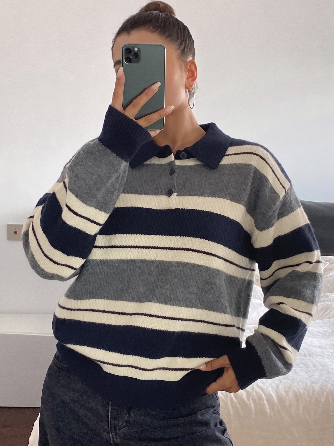 Striped Polo Collar Knit Pullover Sweater