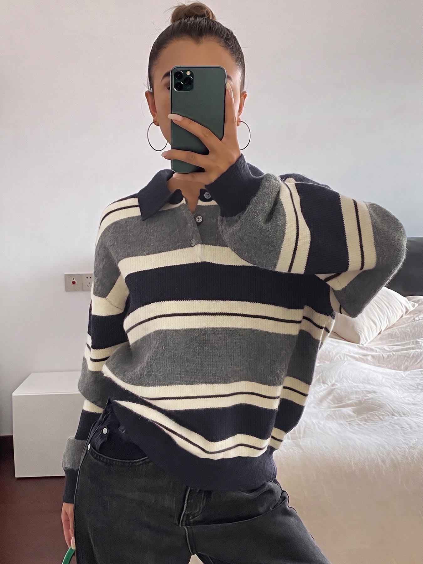Striped Polo Collar Knit Pullover Sweater