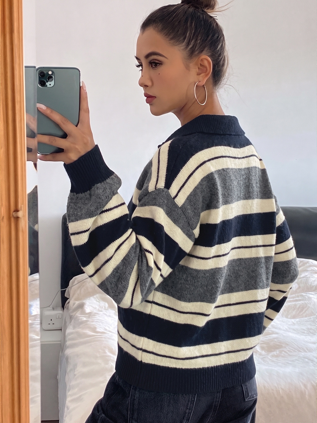 Striped Polo Collar Knit Pullover Sweater