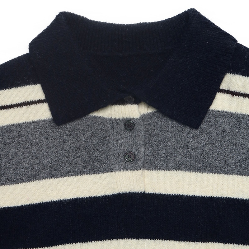 Striped Polo Collar Knit Pullover Sweater