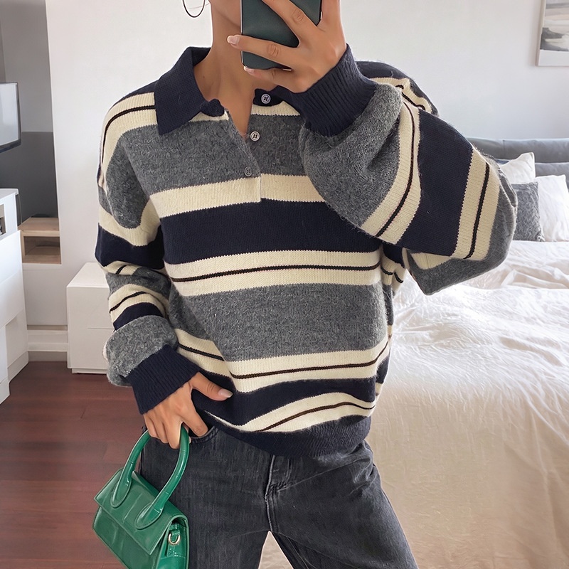 Striped Polo Collar Knit Pullover Sweater