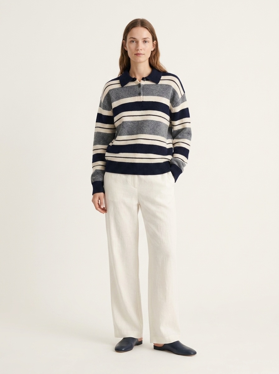 Striped Polo Collar Knit Pullover Sweater