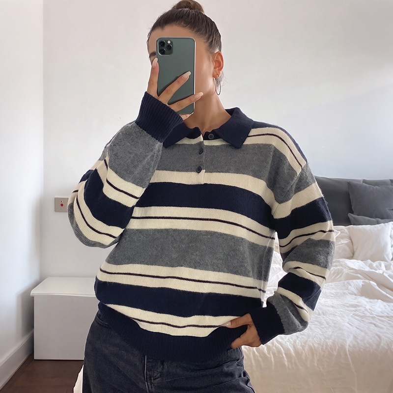Striped Polo Collar Knit Pullover Sweater