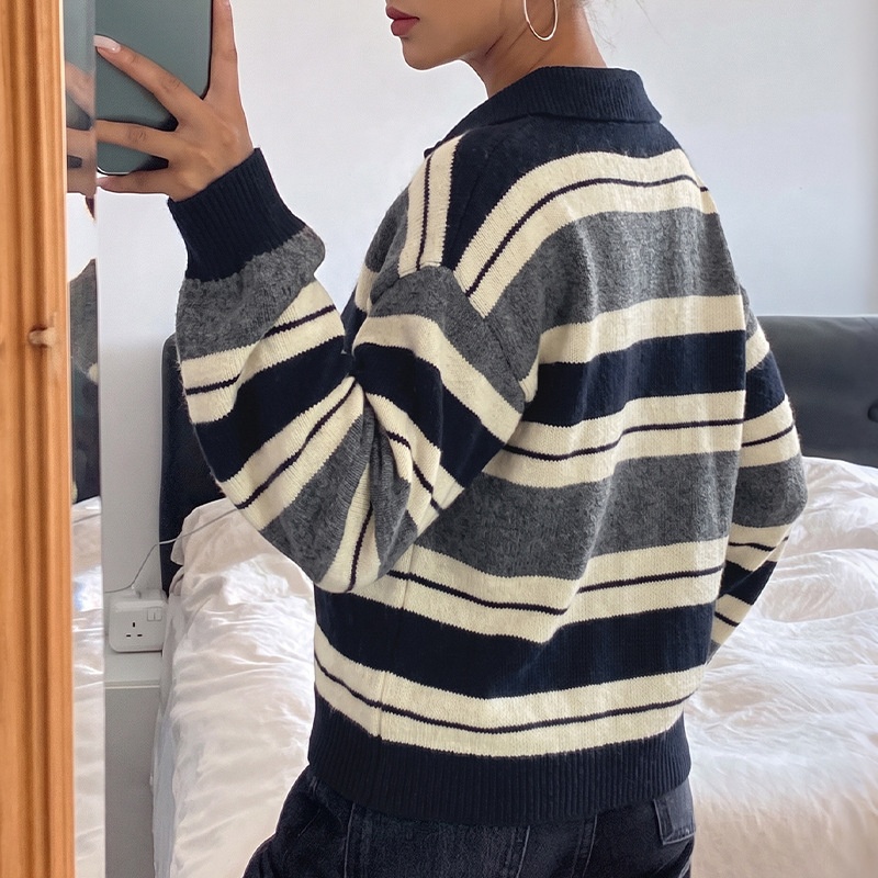 Striped Polo Collar Knit Pullover Sweater