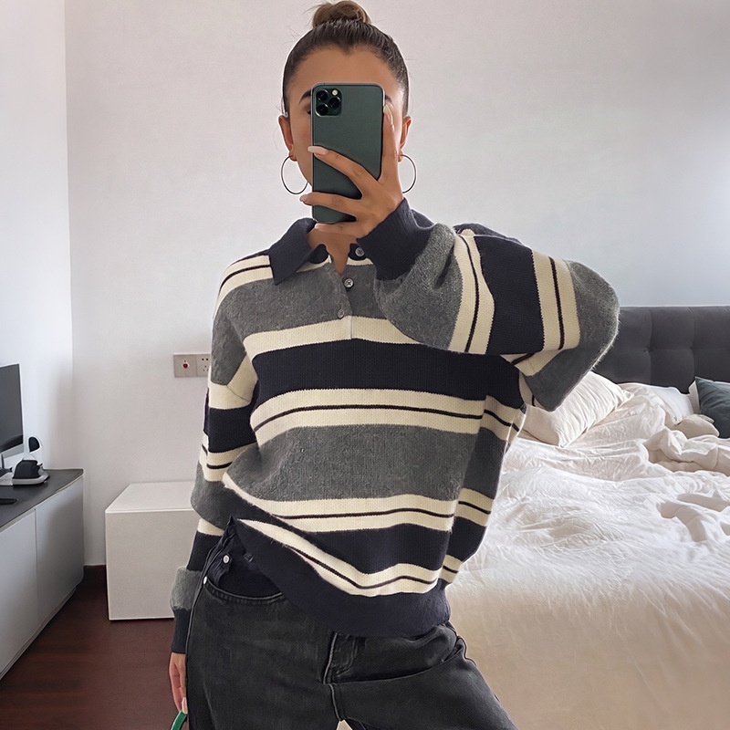 Striped Polo Collar Knit Pullover Sweater