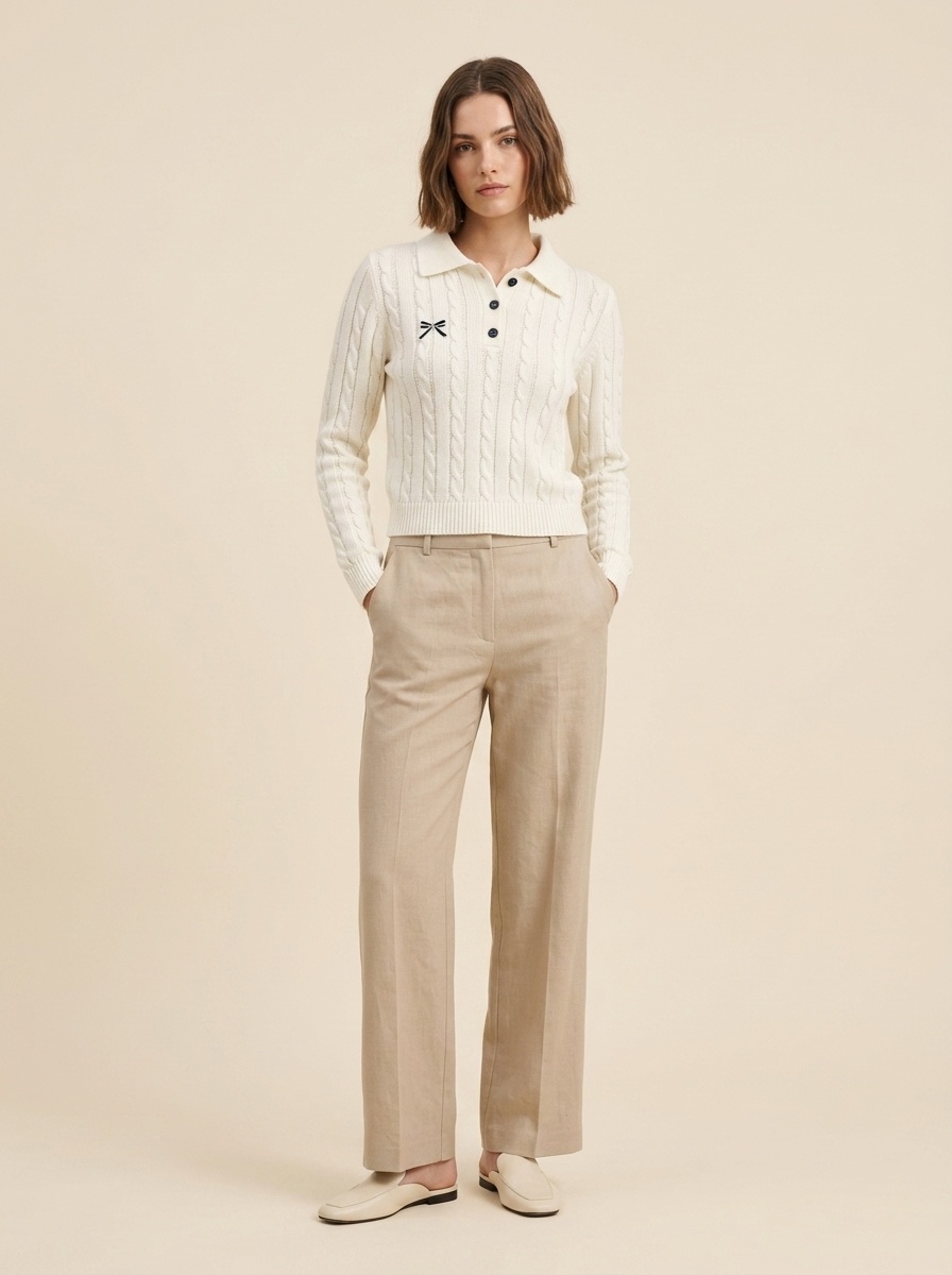 Women's Cable Knit Polo Collar Long Sleeve Crop Sweater