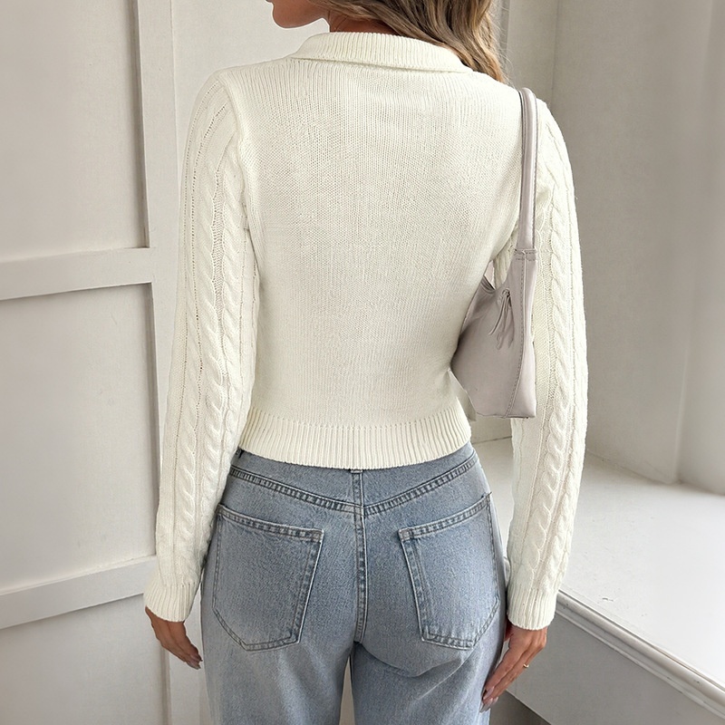 Women's Cable Knit Polo Collar Long Sleeve Crop Sweater