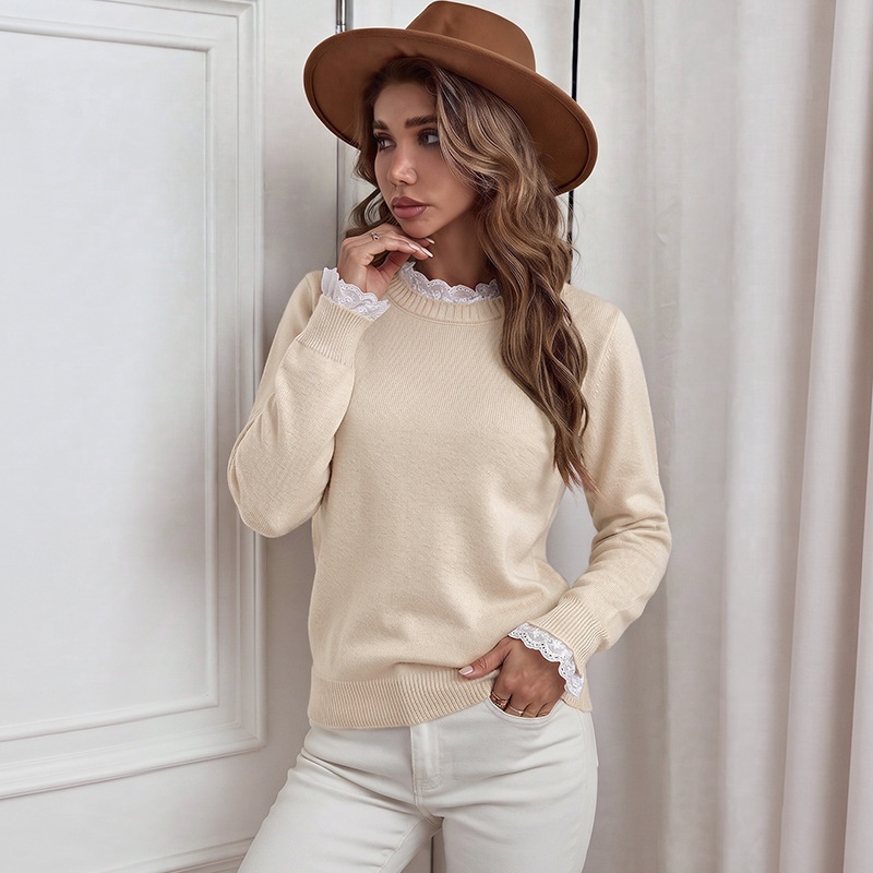 Women's Lace Trim Crewneck Knit Sweater