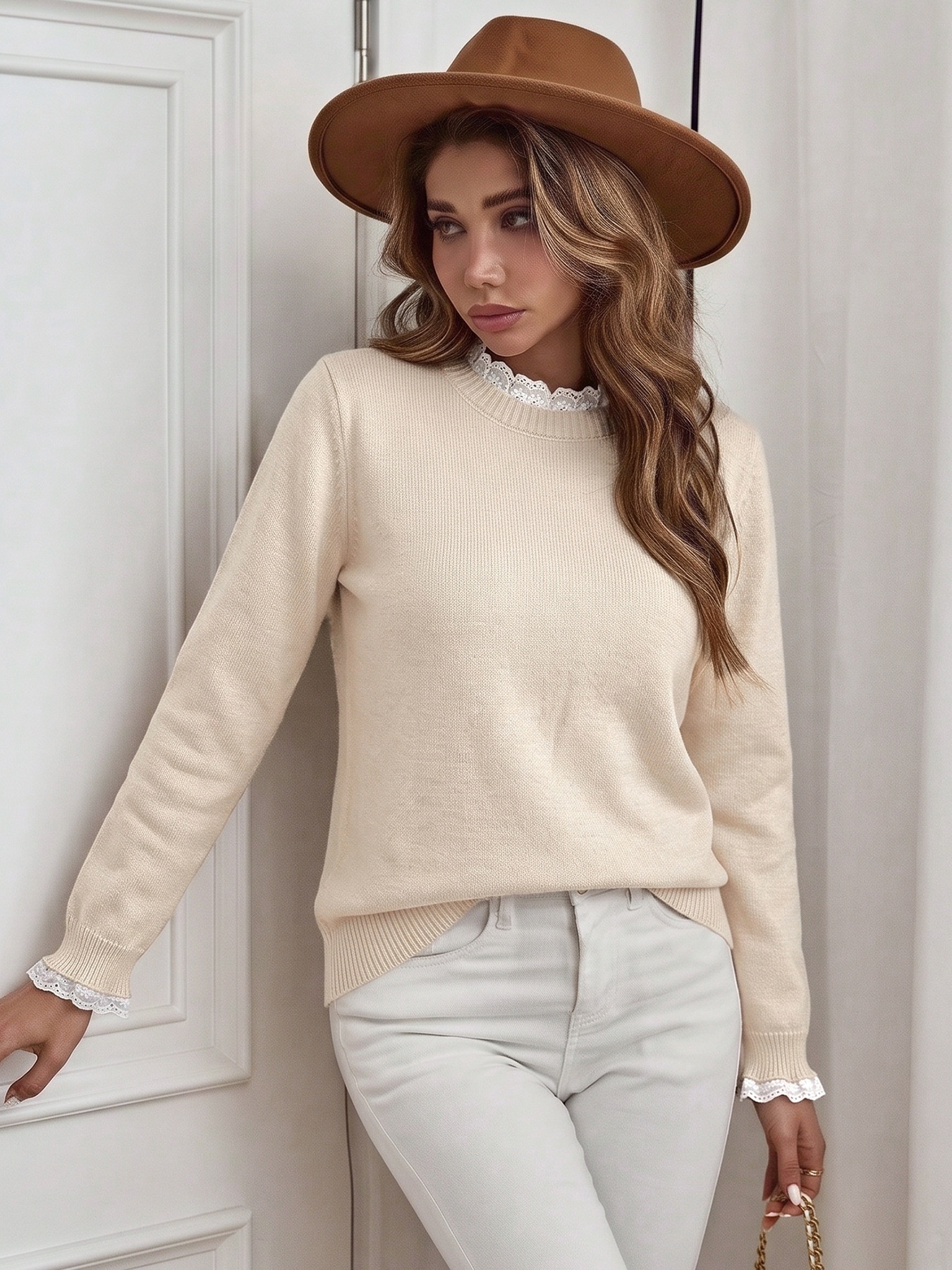Women's Lace Trim Crewneck Knit Sweater