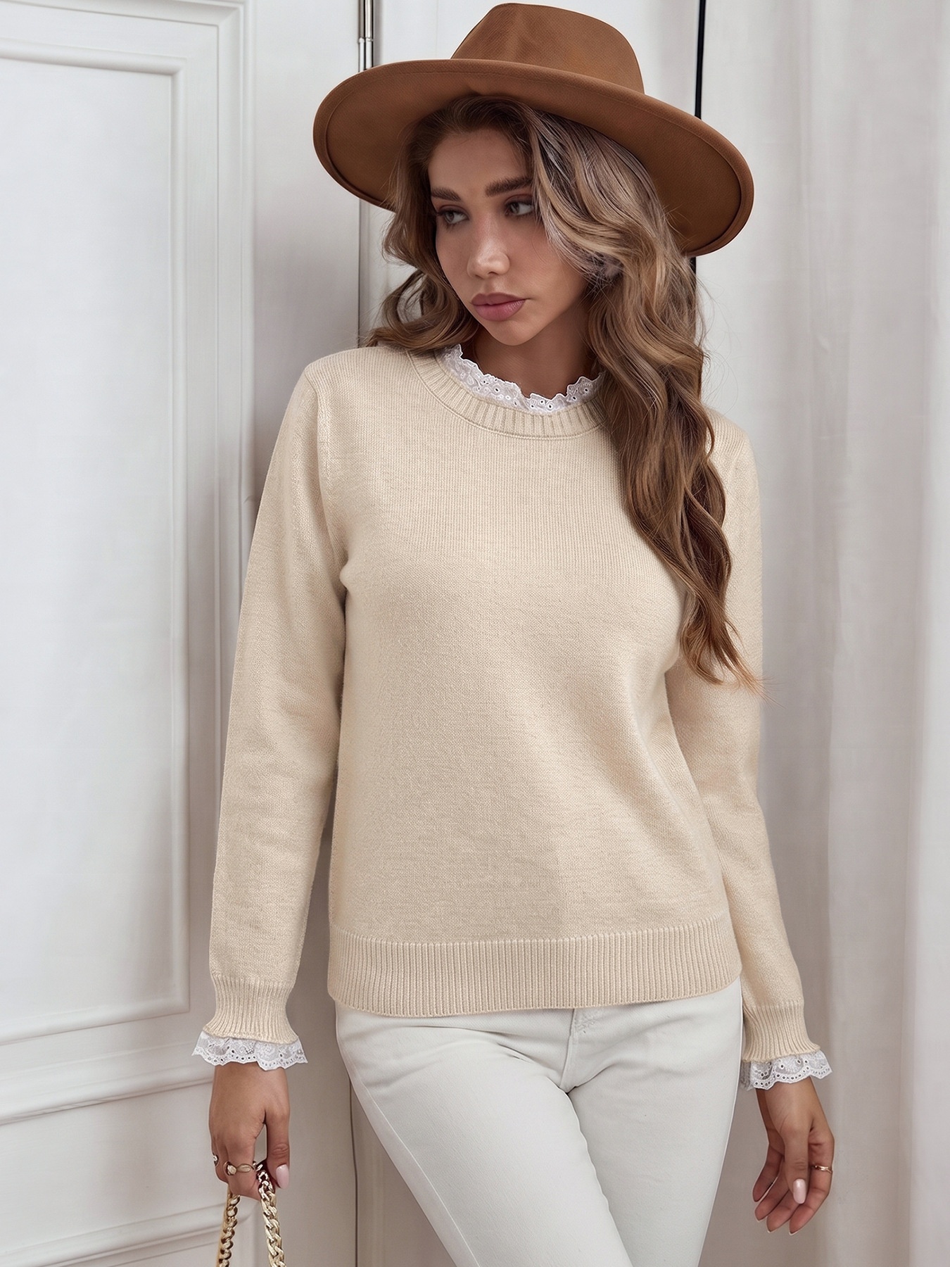 Women's Lace Trim Crewneck Knit Sweater