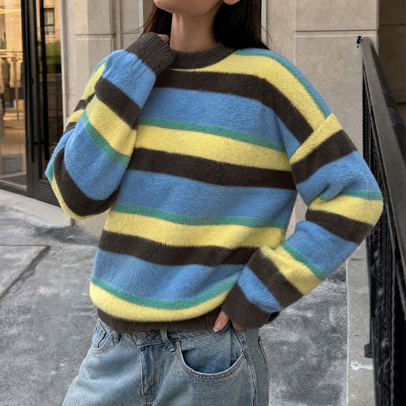 Women's Striped Fuzzy Knit Crewneck Sweater