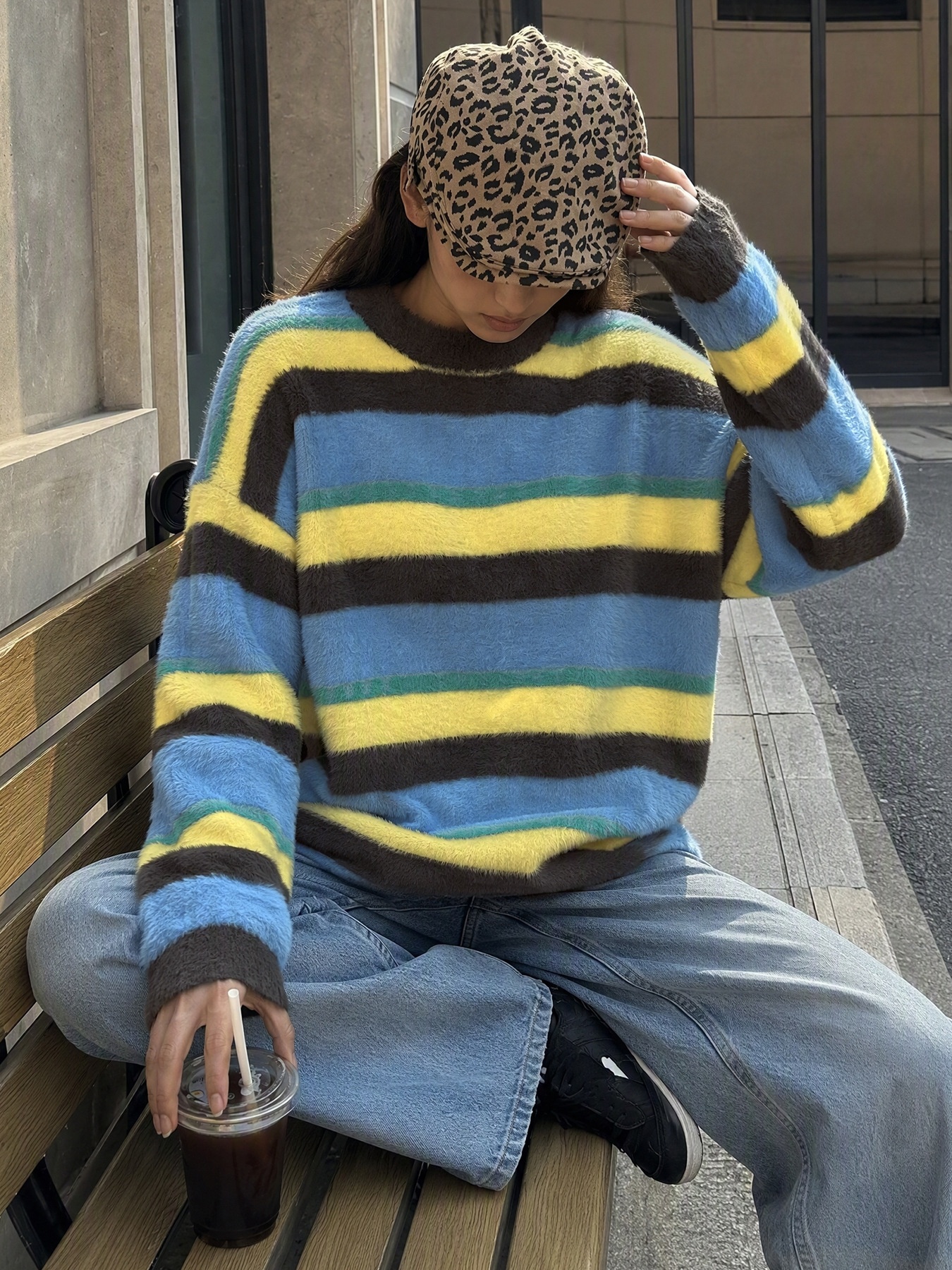 Women's Striped Fuzzy Knit Crewneck Sweater