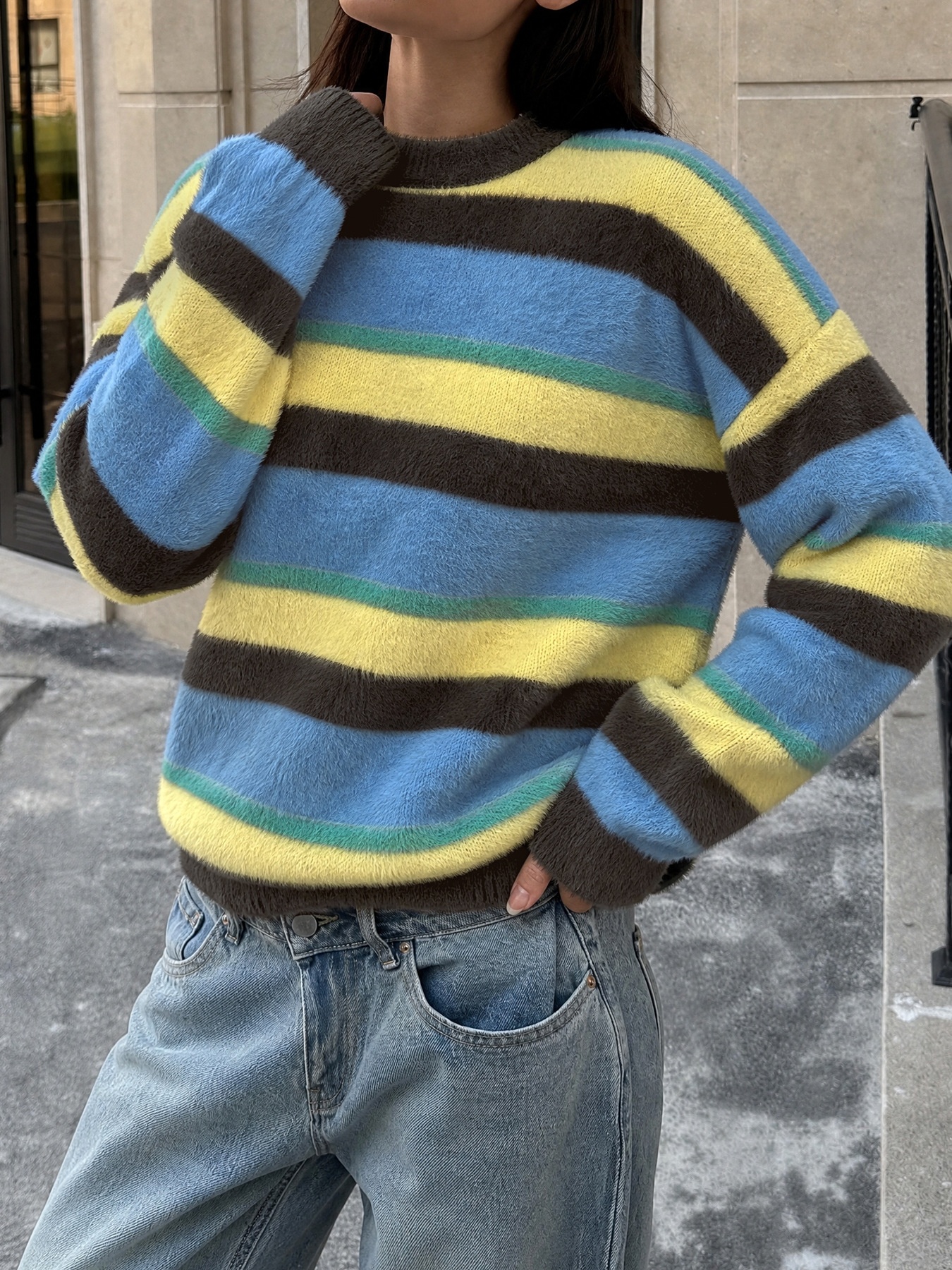 Women's Striped Fuzzy Knit Crewneck Sweater