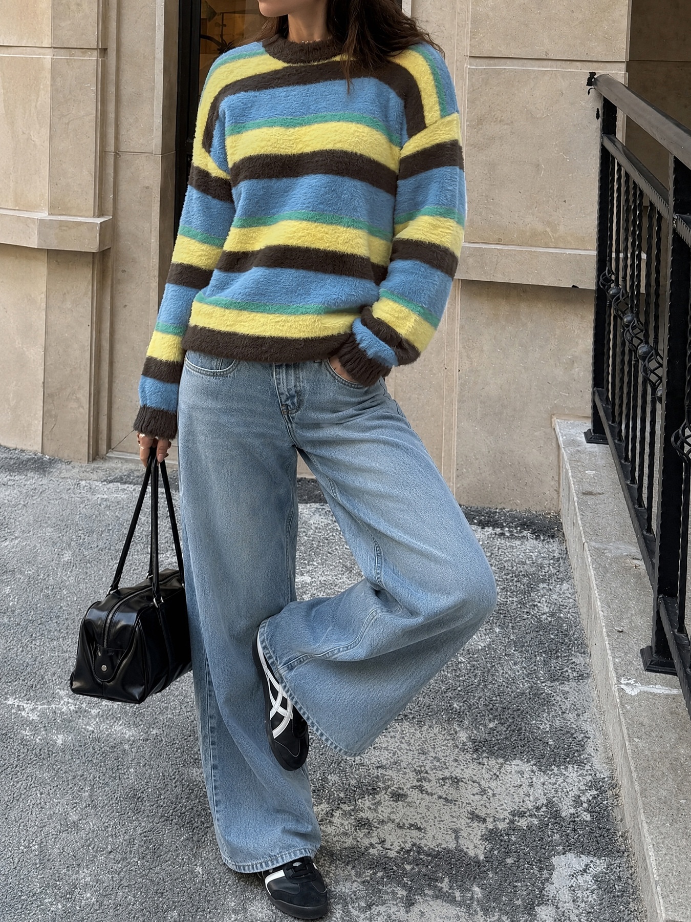 Women's Striped Fuzzy Knit Crewneck Sweater