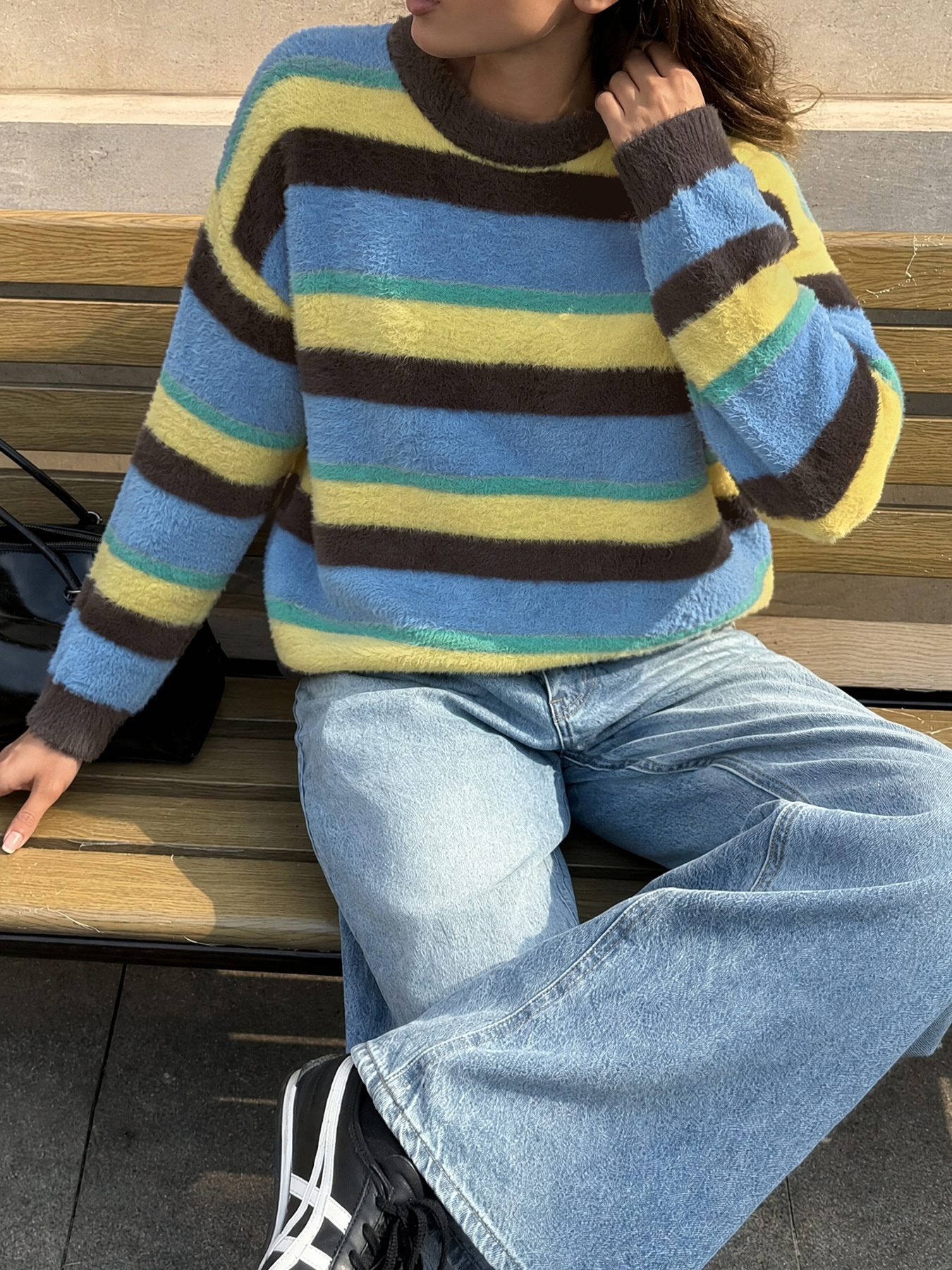 Women's Striped Fuzzy Knit Crewneck Sweater