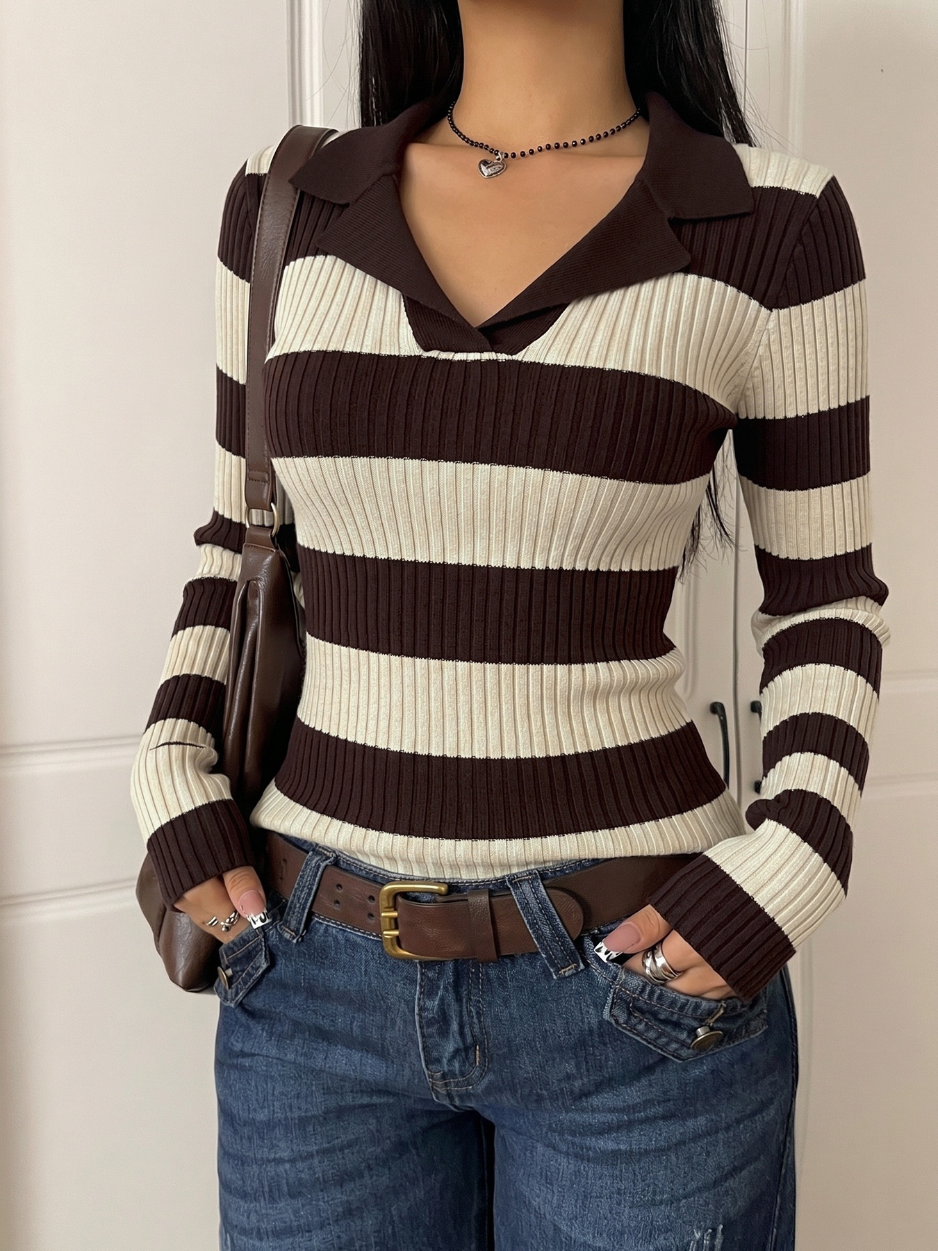Striped Ribbed Knit Polo Top