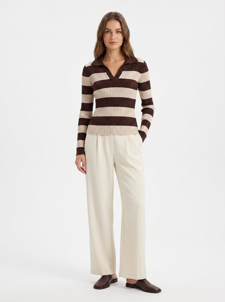 Striped Ribbed Knit Polo Top