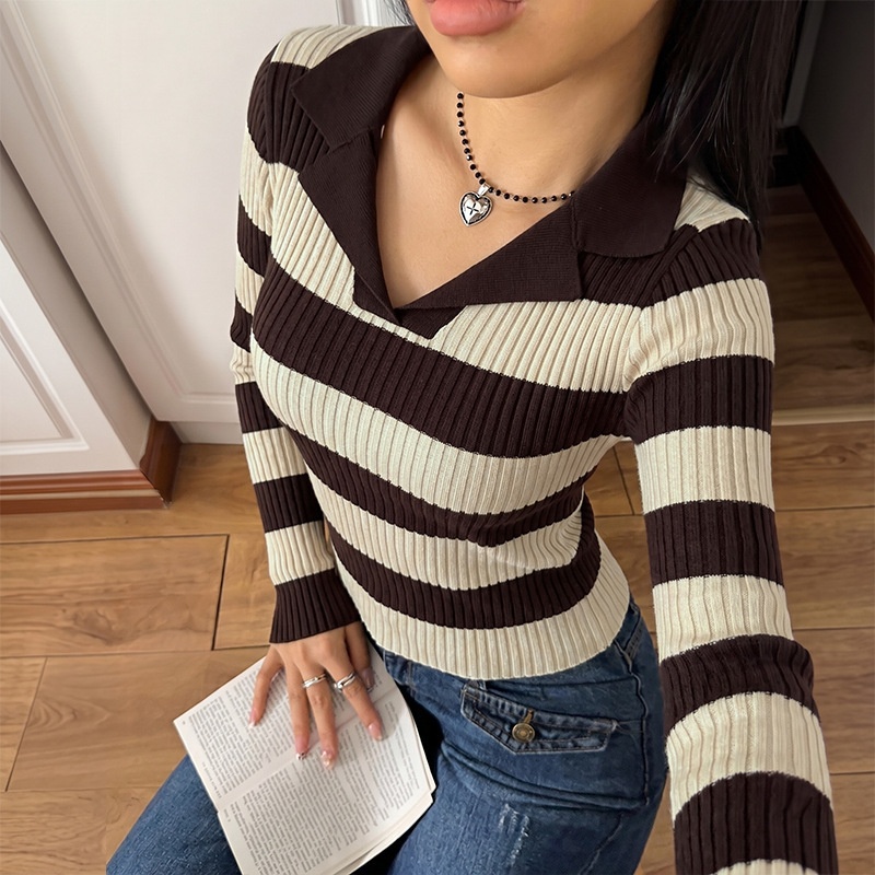 Striped Ribbed Knit Polo Top