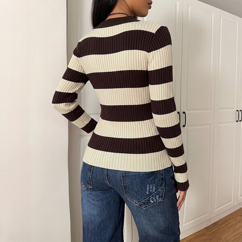 Striped Ribbed Knit Polo Top