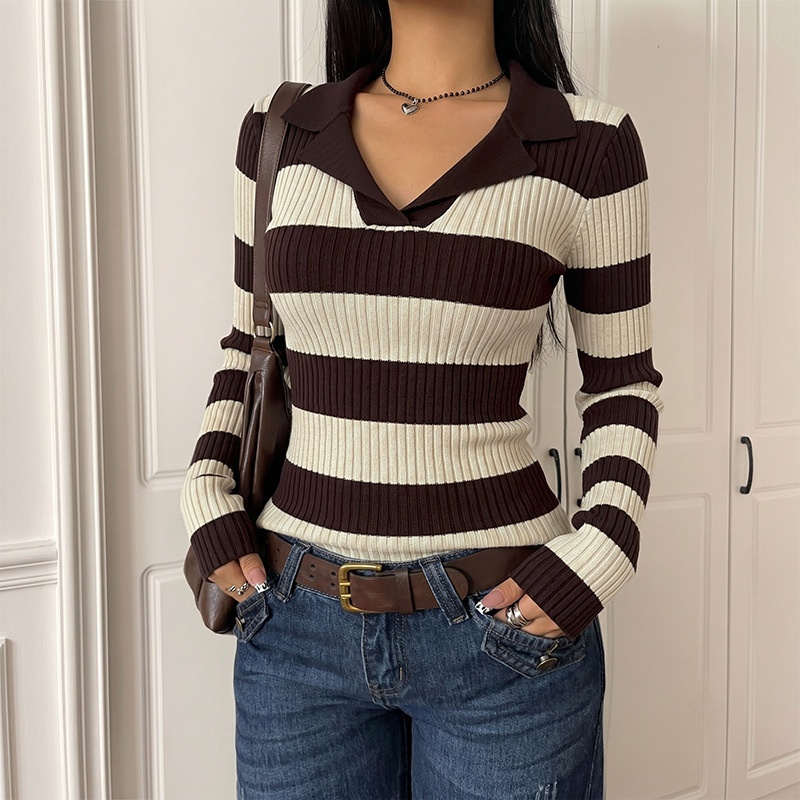 Striped Ribbed Knit Polo Top