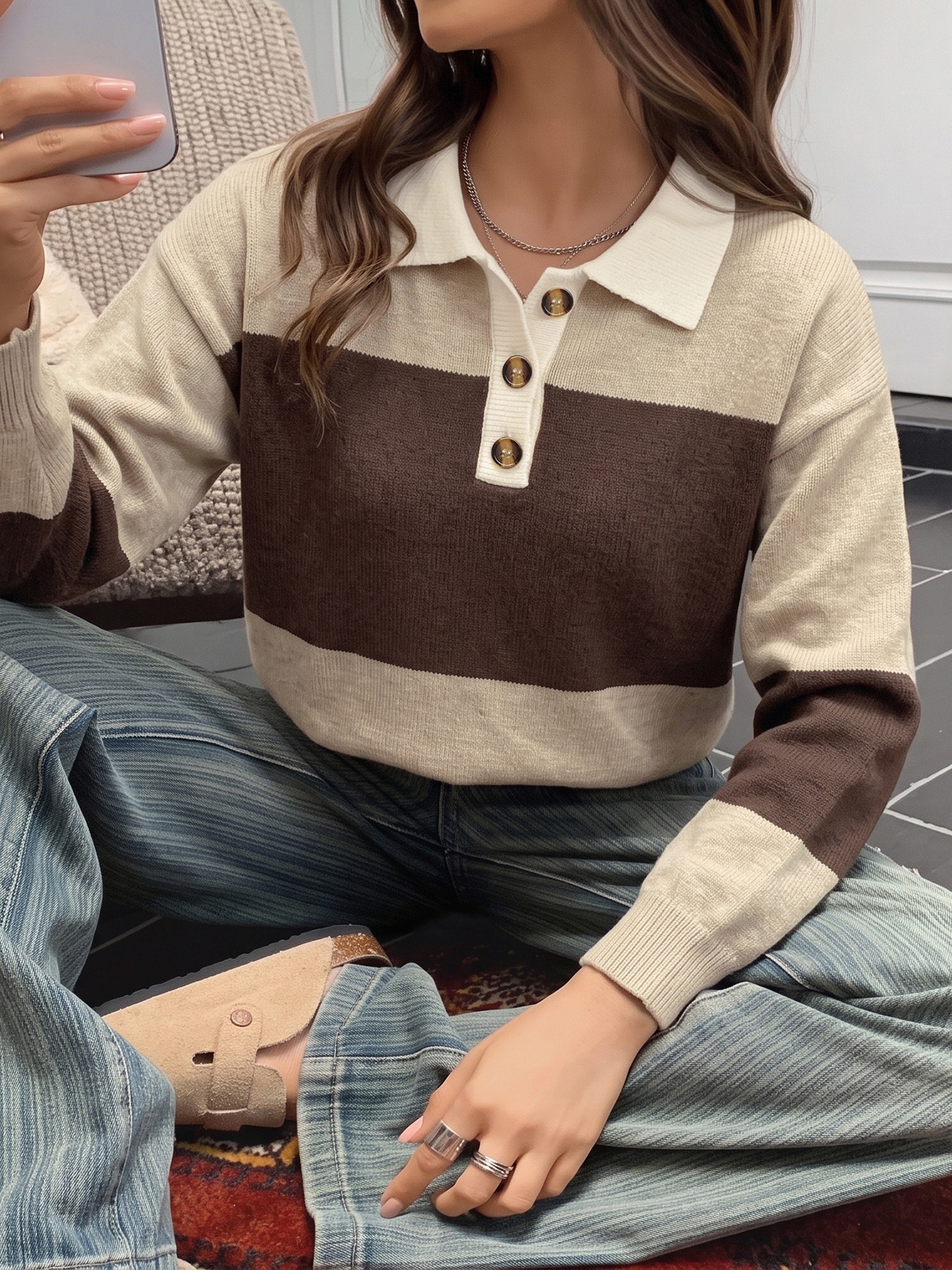 Striped Polo Collar Knit Sweater