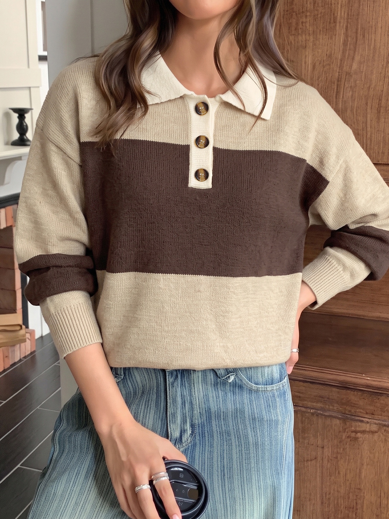 Striped Polo Collar Knit Sweater