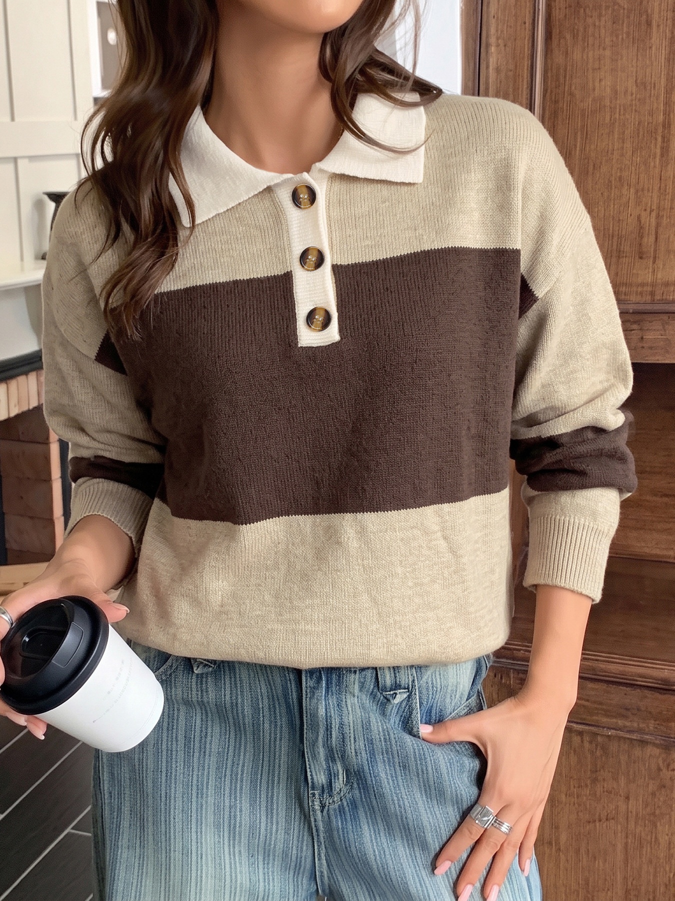 Striped Polo Collar Knit Sweater