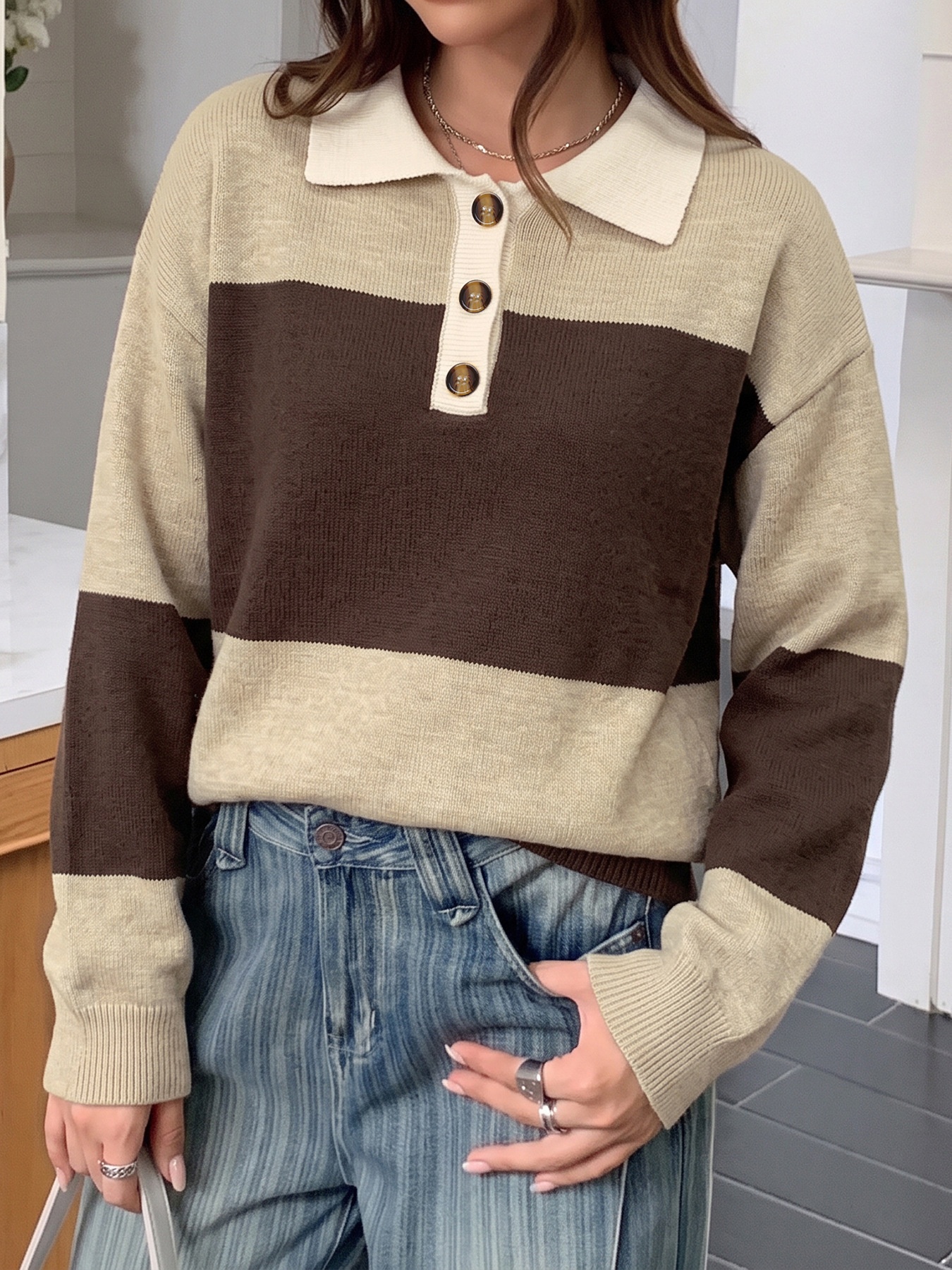 Striped Polo Collar Knit Sweater