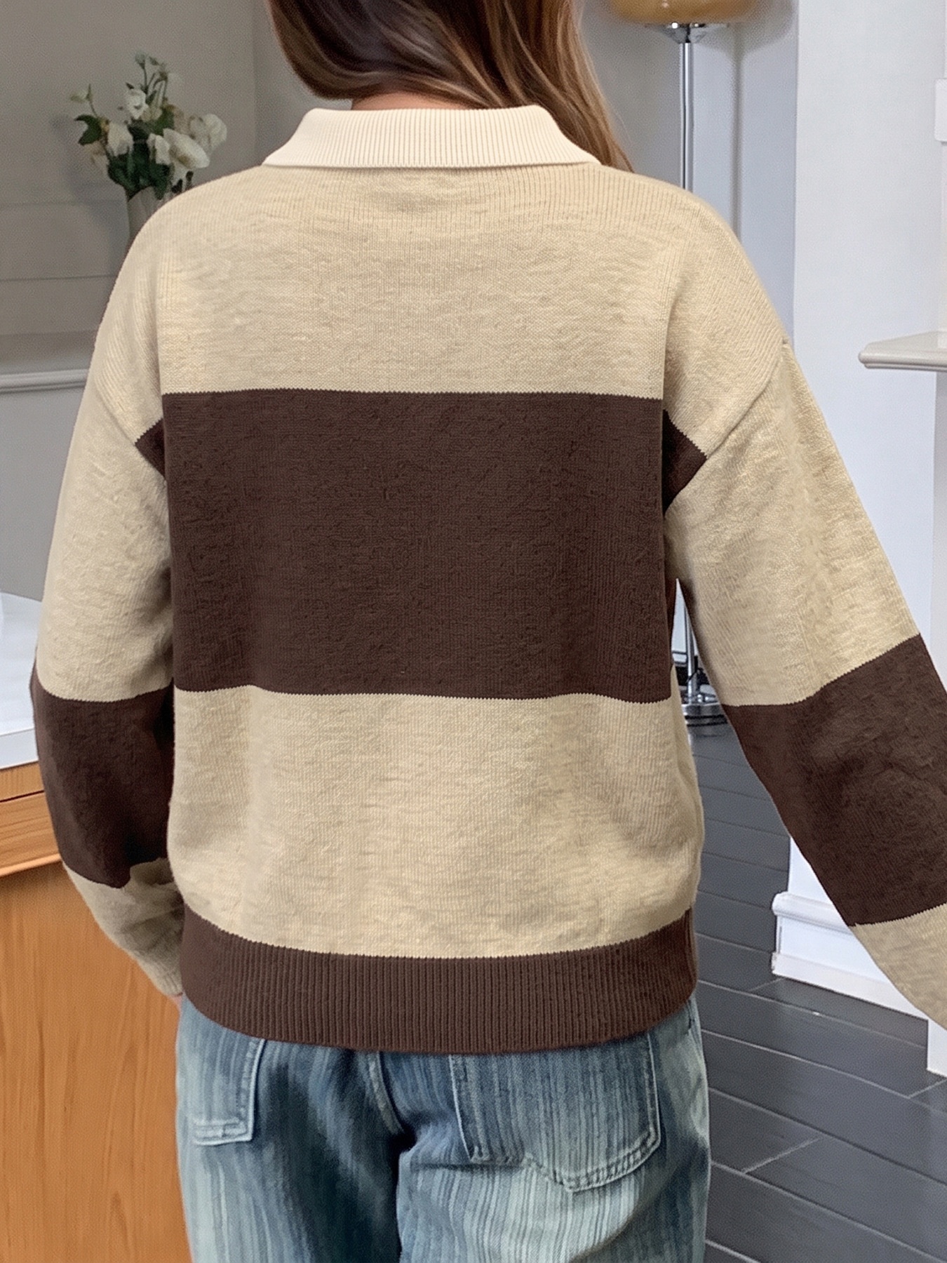 Striped Polo Collar Knit Sweater