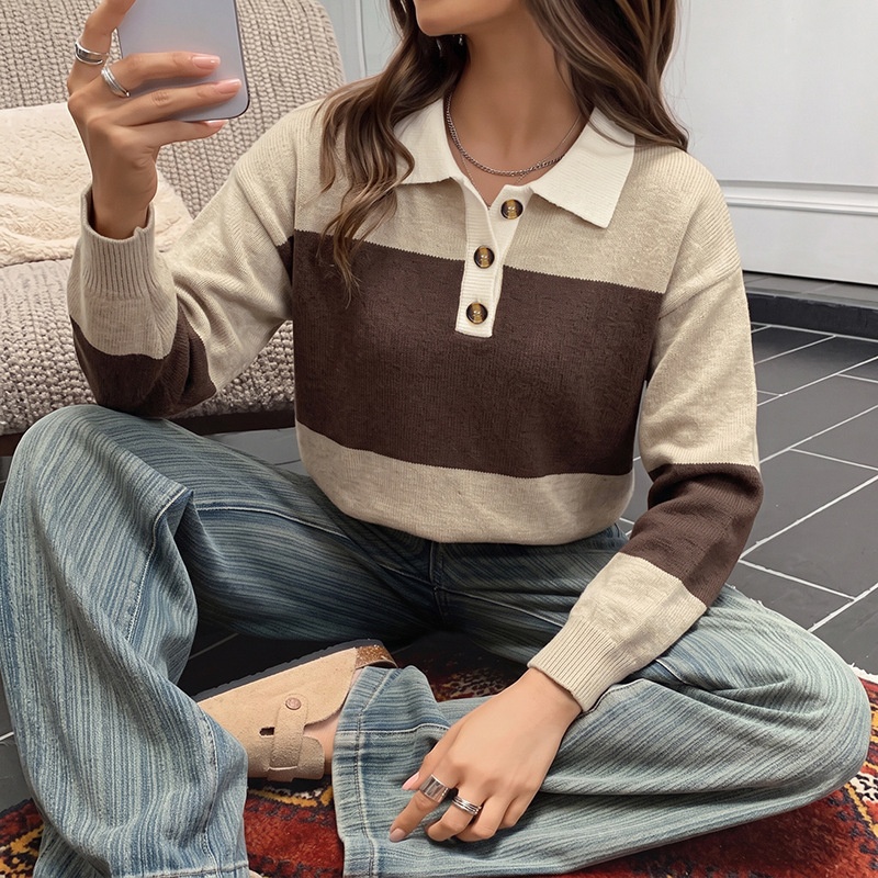 Striped Polo Collar Knit Sweater