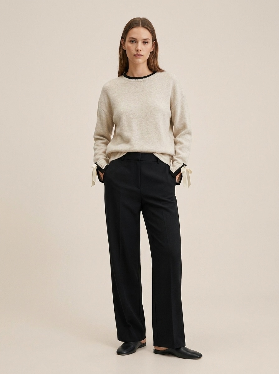 Ribbon Cuff Crewneck Knit Sweater