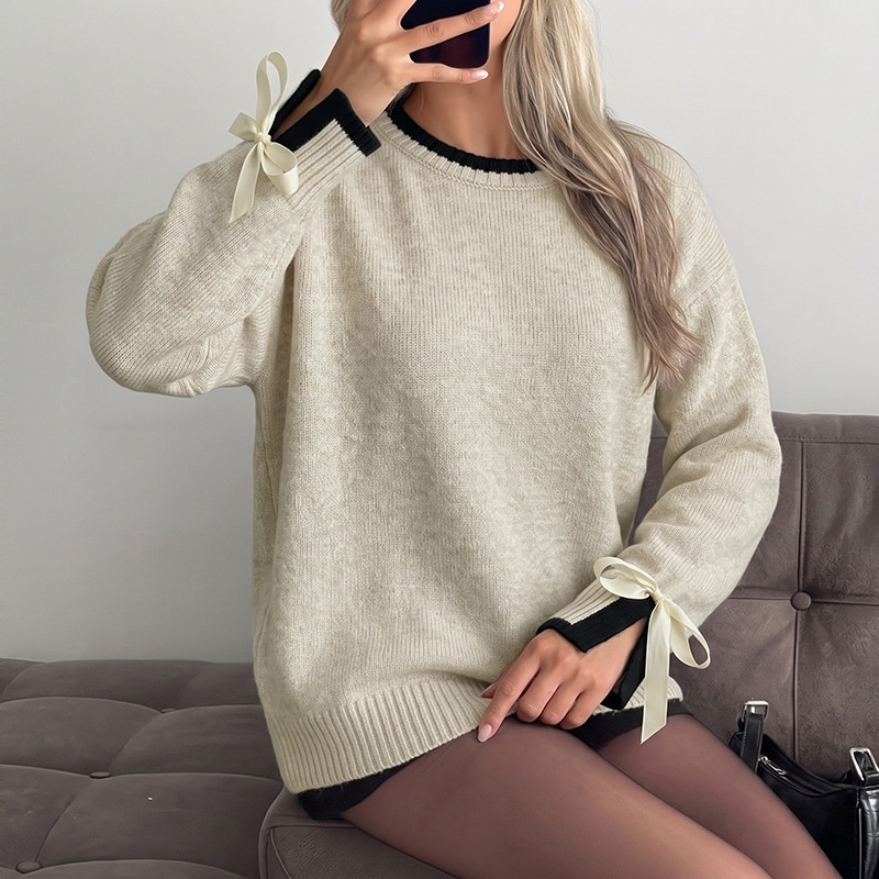 Ribbon Cuff Crewneck Knit Sweater
