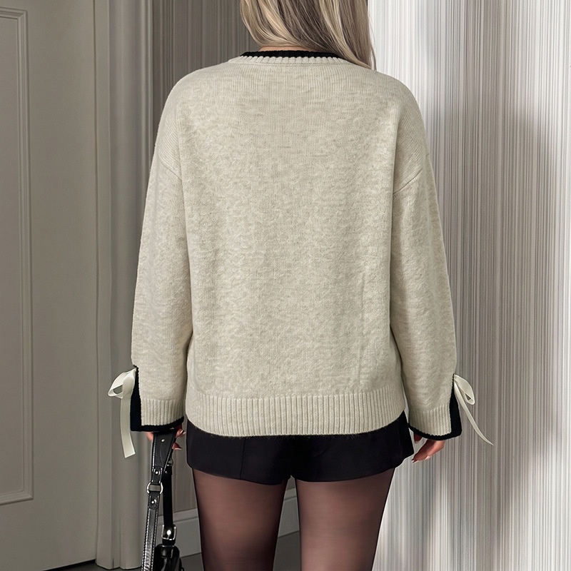 Ribbon Cuff Crewneck Knit Sweater