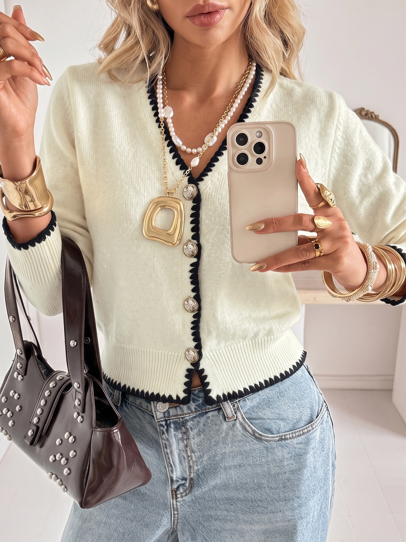 Contrast Trim Knit Cardigan Sweater