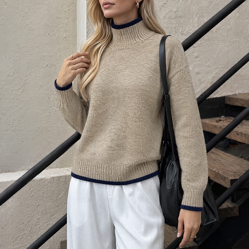 Contrast Trim Mock Neck Knit Sweater