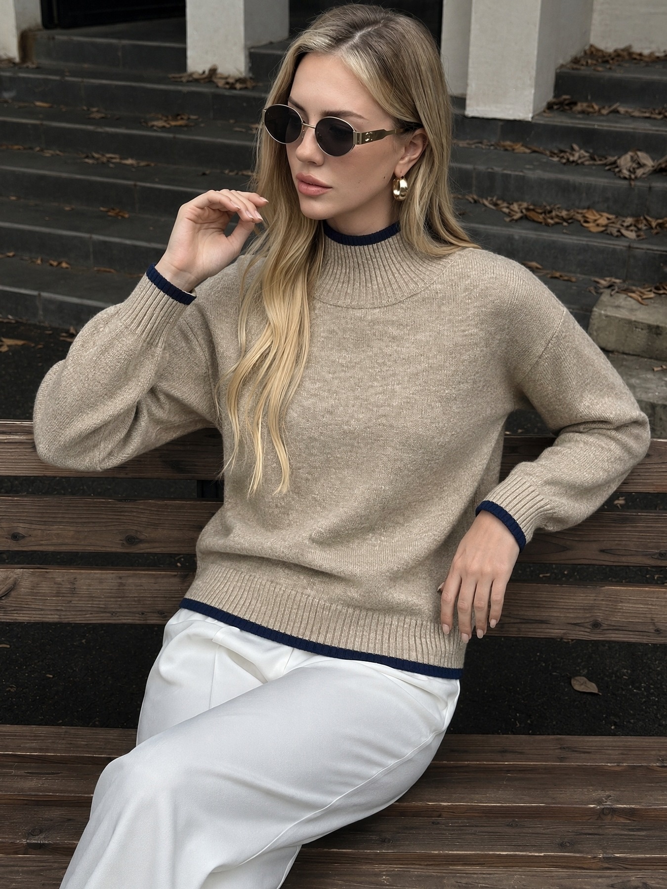 Contrast Trim Mock Neck Knit Sweater