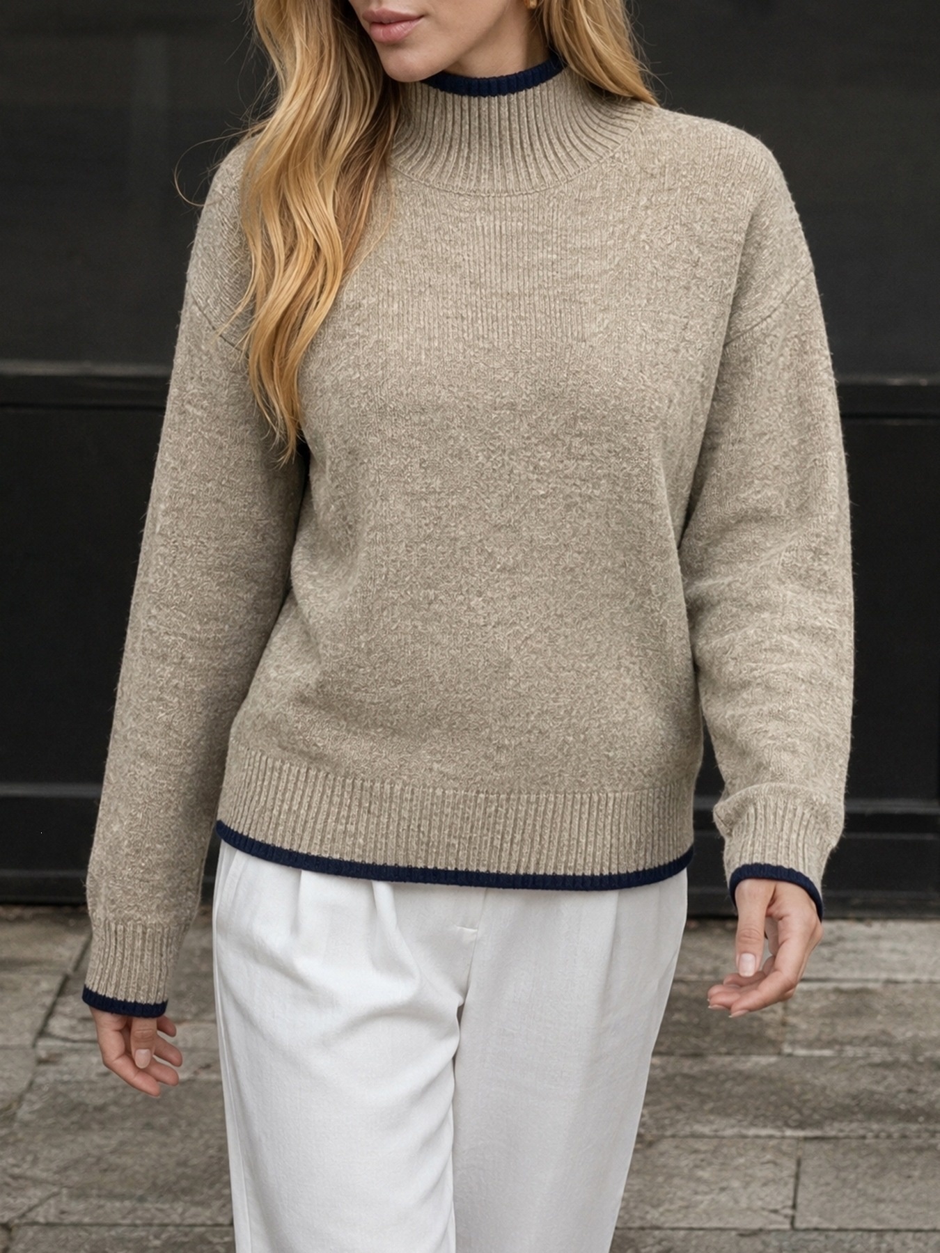 Contrast Trim Mock Neck Knit Sweater
