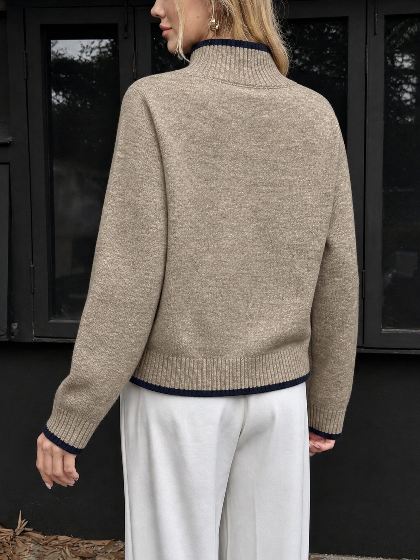 Contrast Trim Mock Neck Knit Sweater