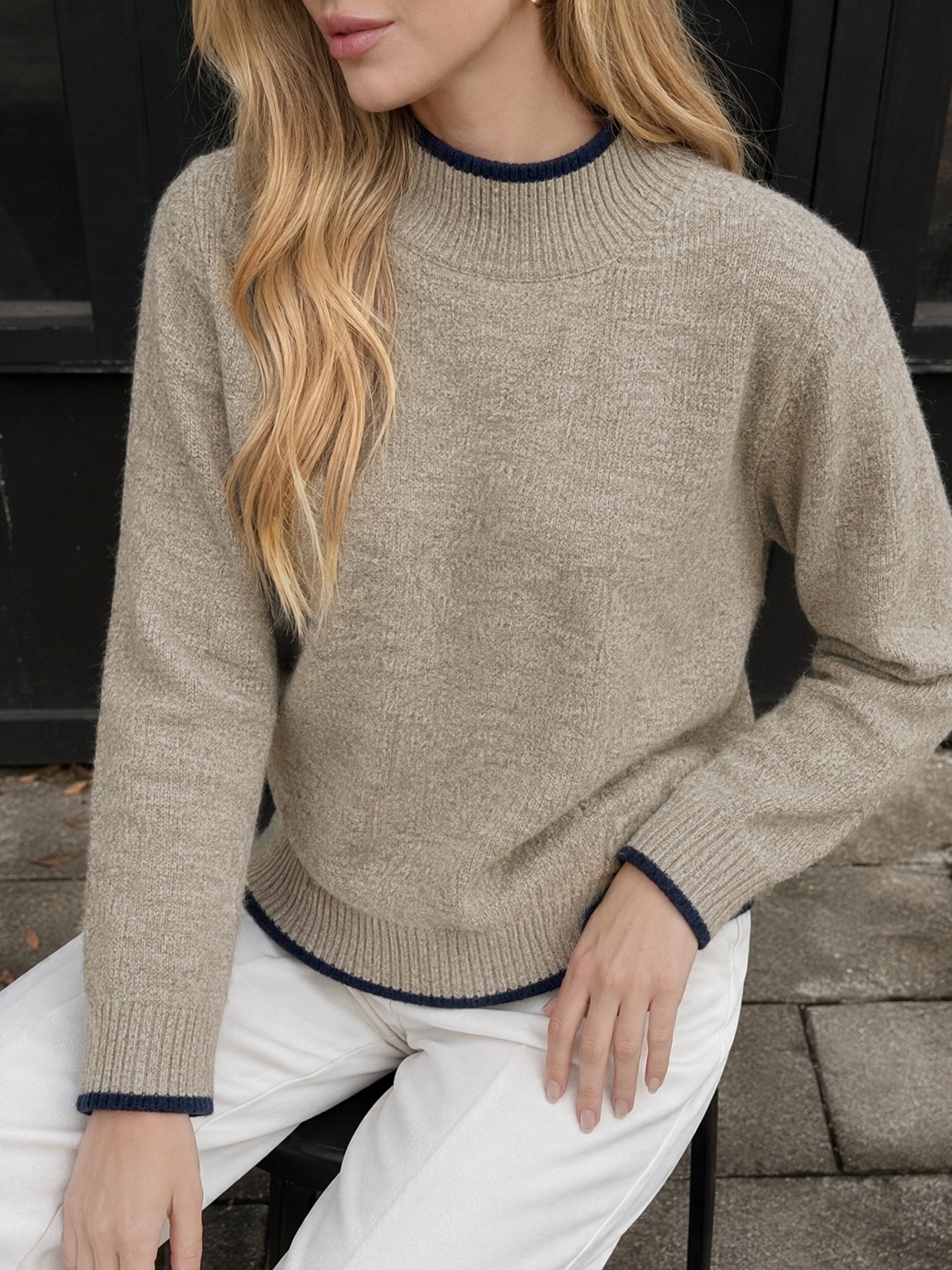Contrast Trim Mock Neck Knit Sweater