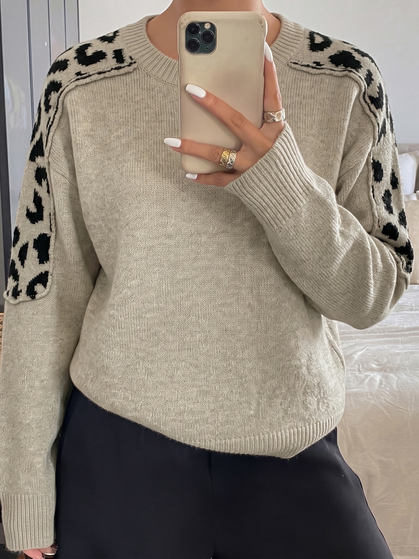 Women's Beige Leopard Shoulder Patch Knit Sweater