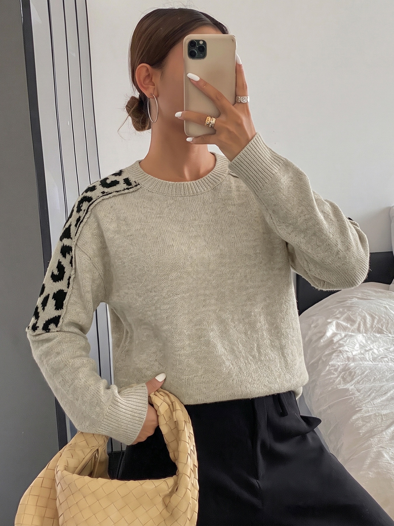 Women's Beige Leopard Shoulder Patch Knit Sweater