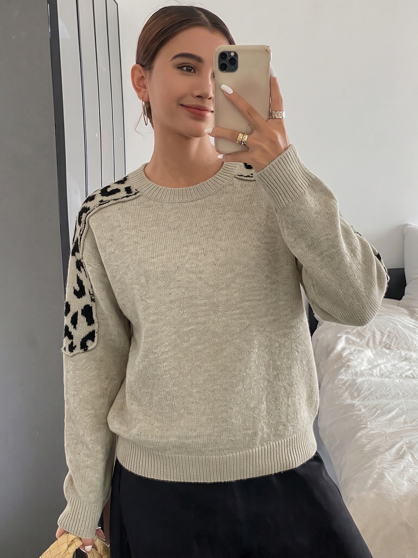 Women's Beige Leopard Shoulder Patch Knit Sweater