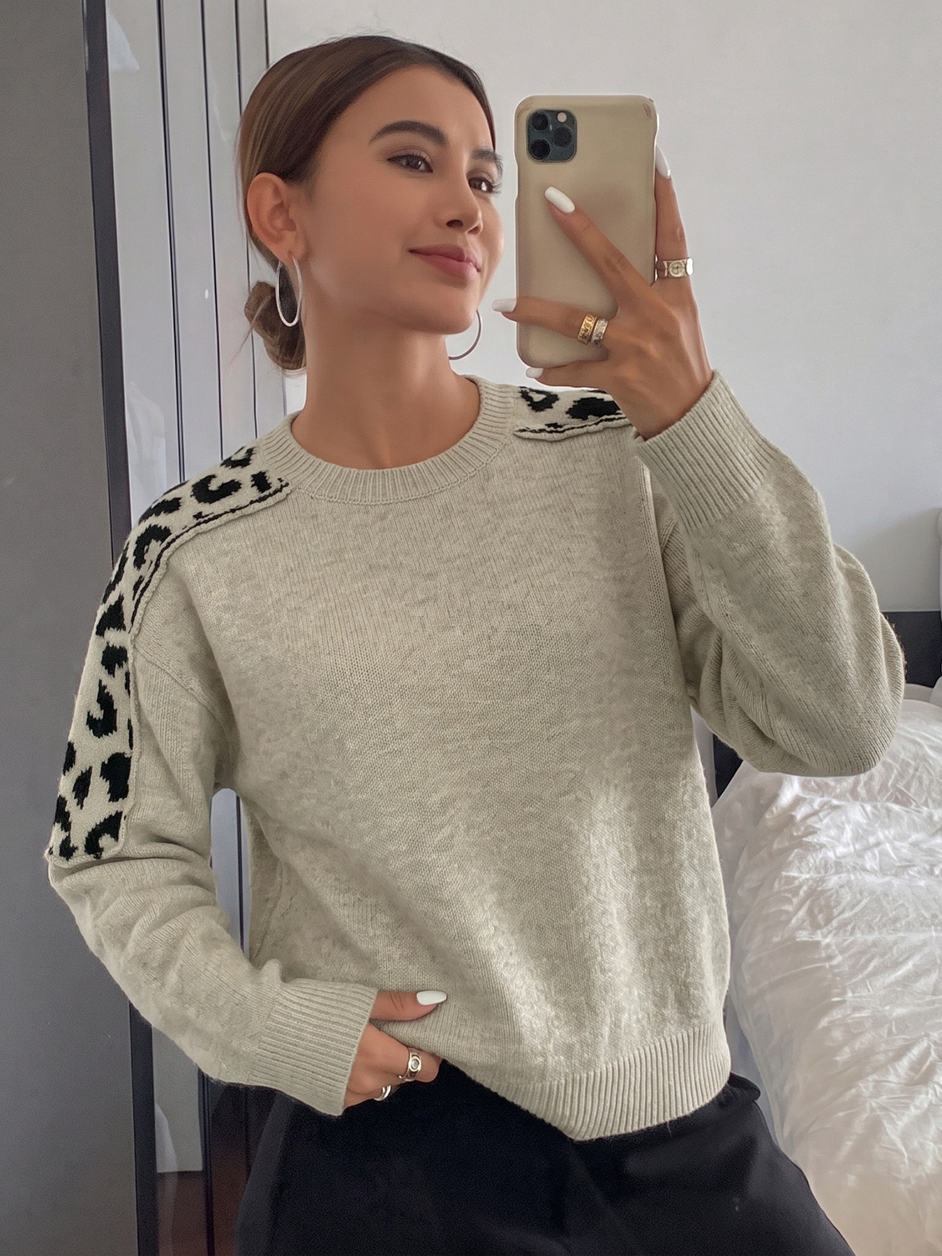 Women's Beige Leopard Shoulder Patch Knit Sweater