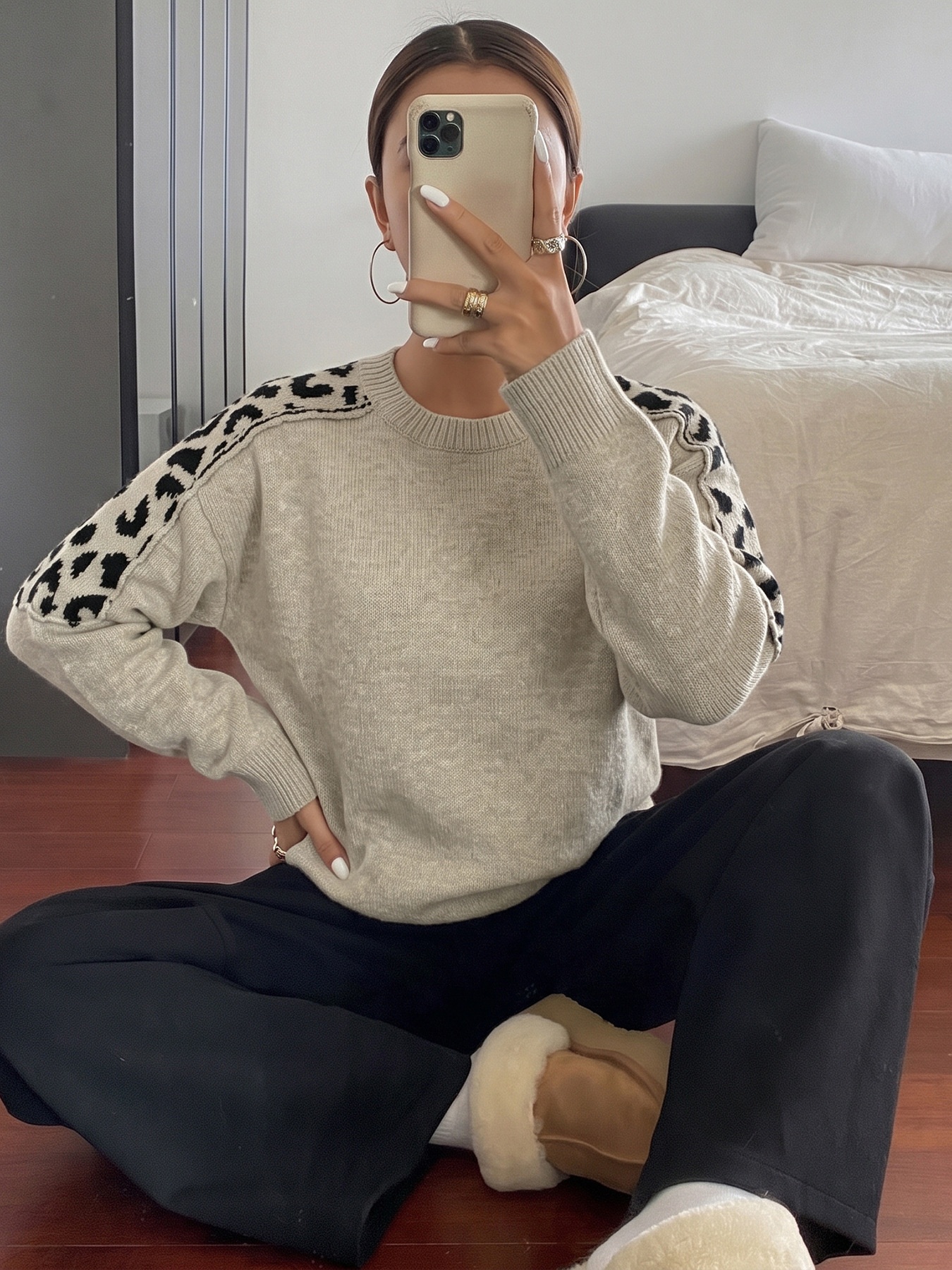 Women's Beige Leopard Shoulder Patch Knit Sweater
