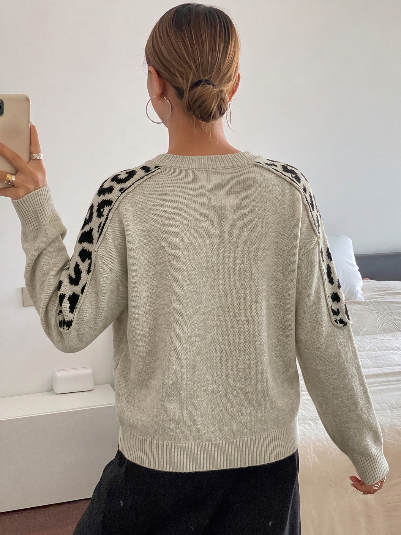 Women's Beige Leopard Shoulder Patch Knit Sweater