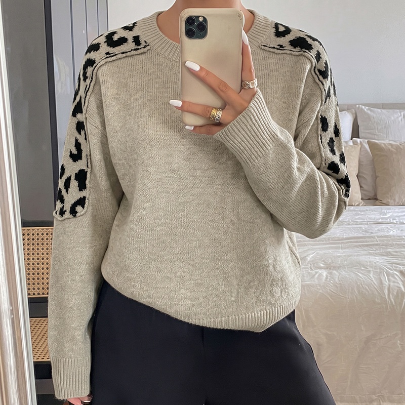 Women's Beige Leopard Shoulder Patch Knit Sweater