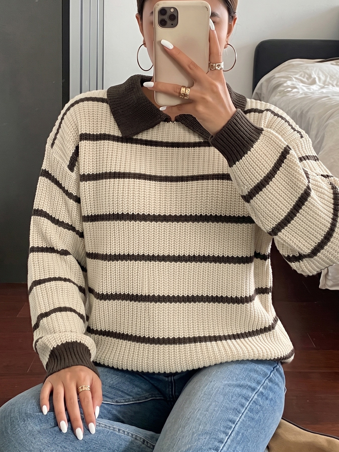Striped Polo Collar Sweater
