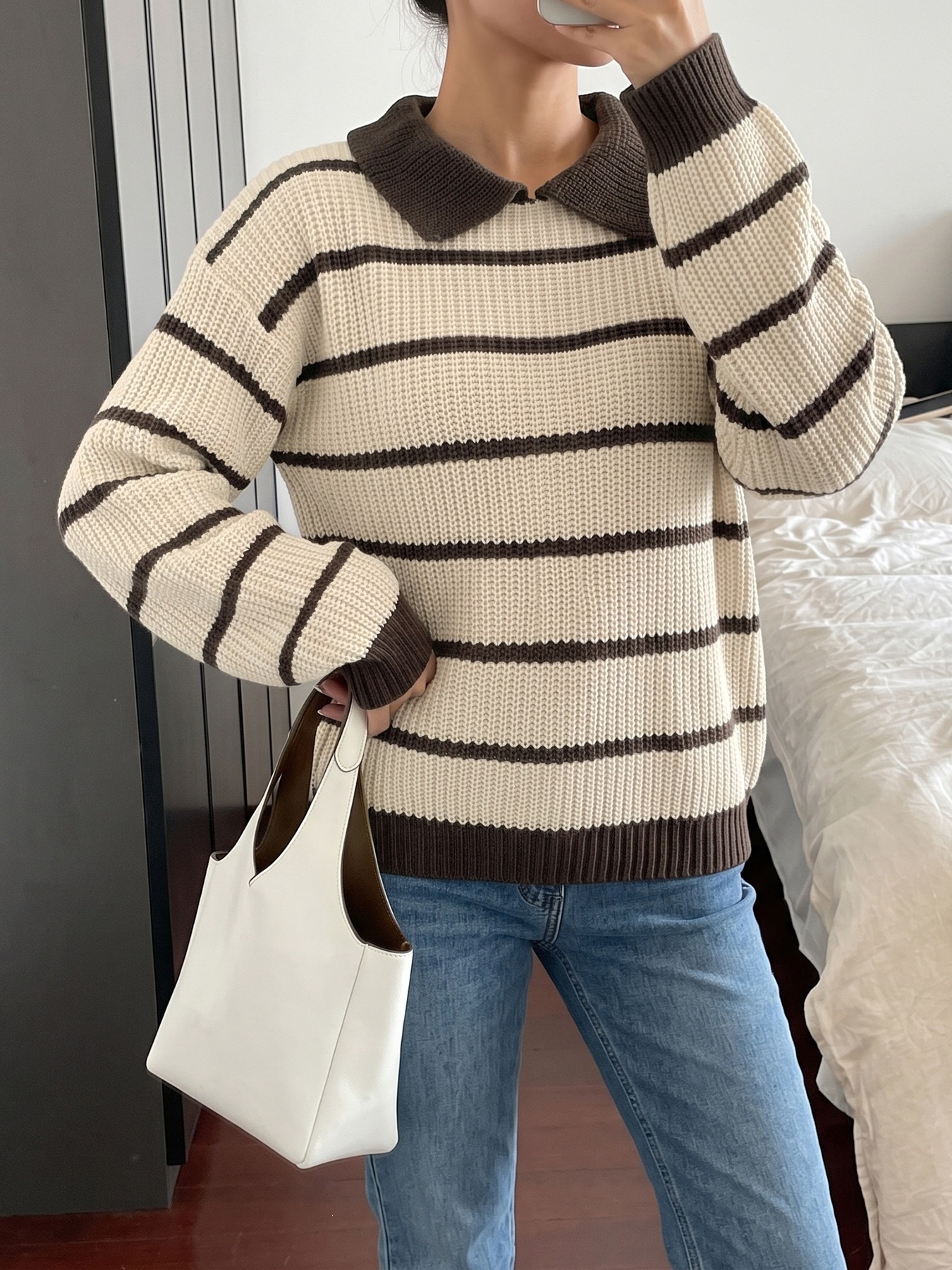 Striped Polo Collar Sweater