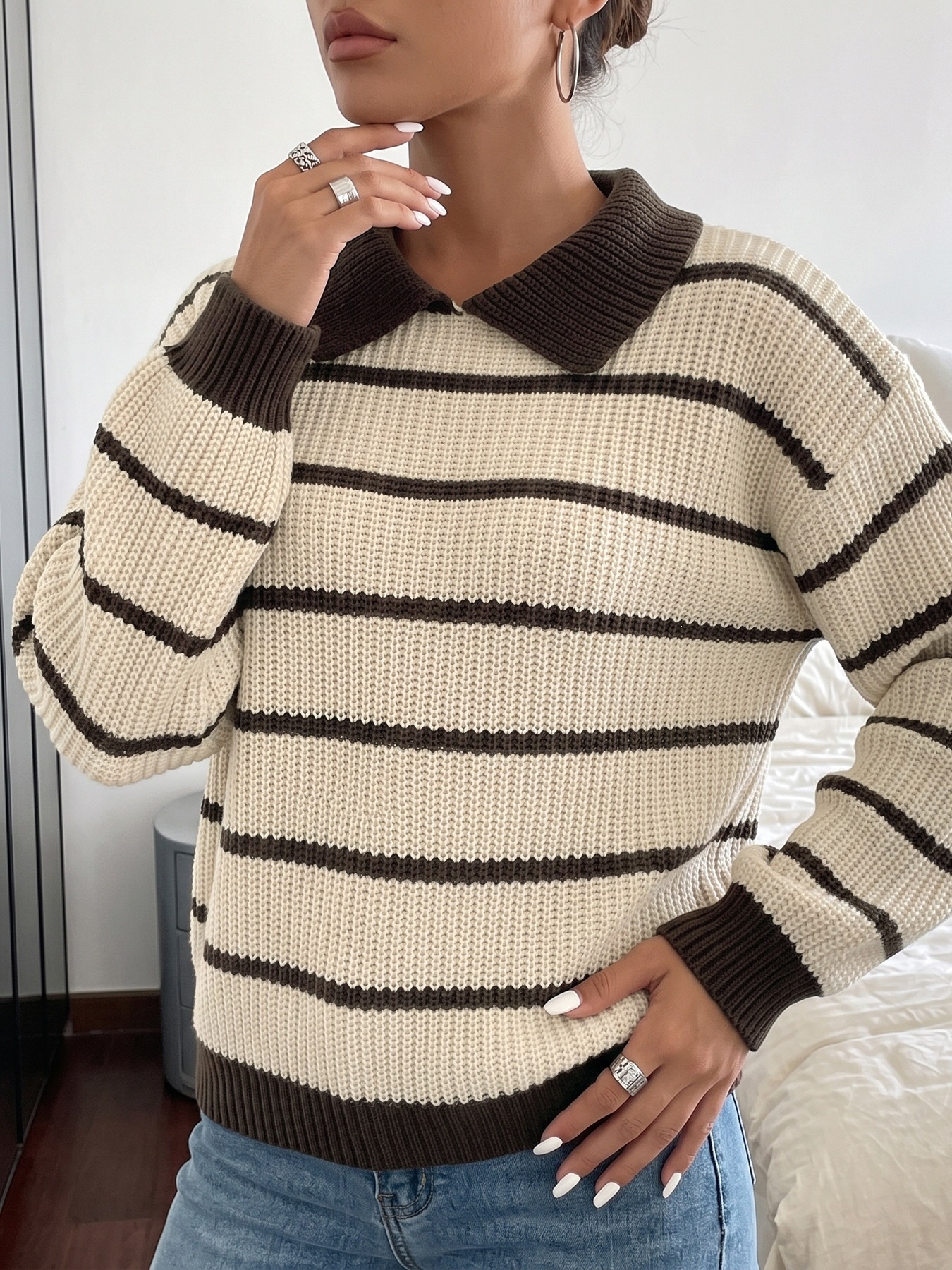 Striped Polo Collar Sweater