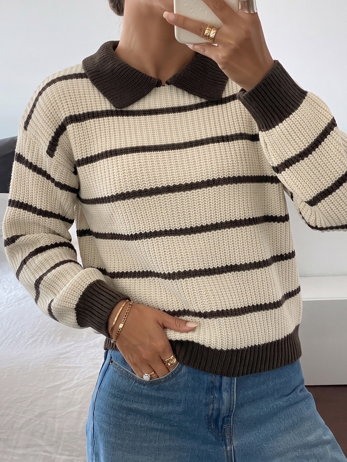 Striped Polo Collar Sweater